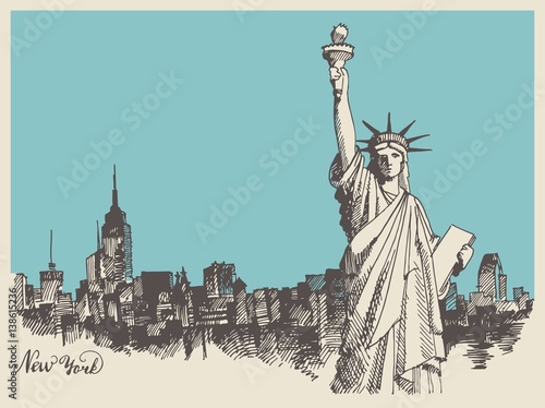 Sketch of the statue of liberty and the panorama of new York