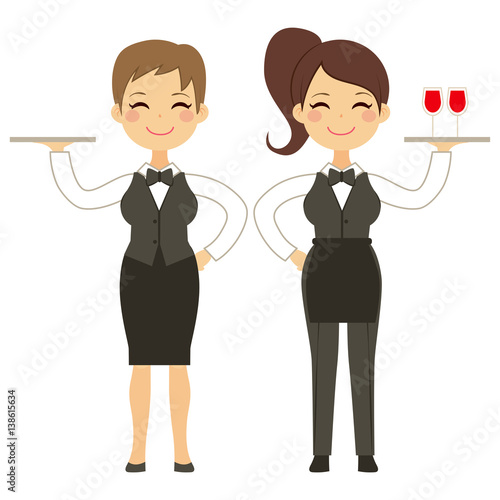 Beautiful waitress holding silver tray working