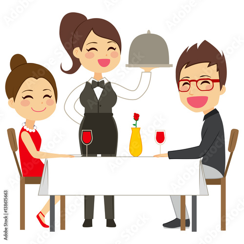 Happy waitress serving on restaurant to lovely elegant couple