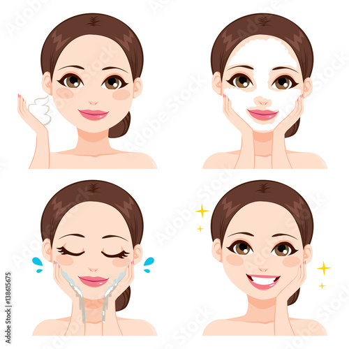 Attractive young woman showing four steps for washing face