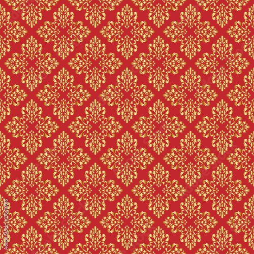 Beautiful queen seamless pattern with fleur de lys ornament elements on red background. Royal signs in style of fashion illustration. Excellent textile, fabric, paper design.