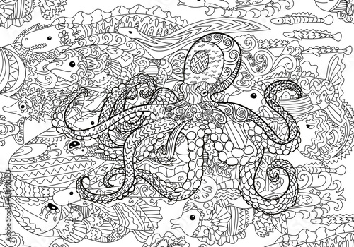 Underwater sea octopus in zentangle style.