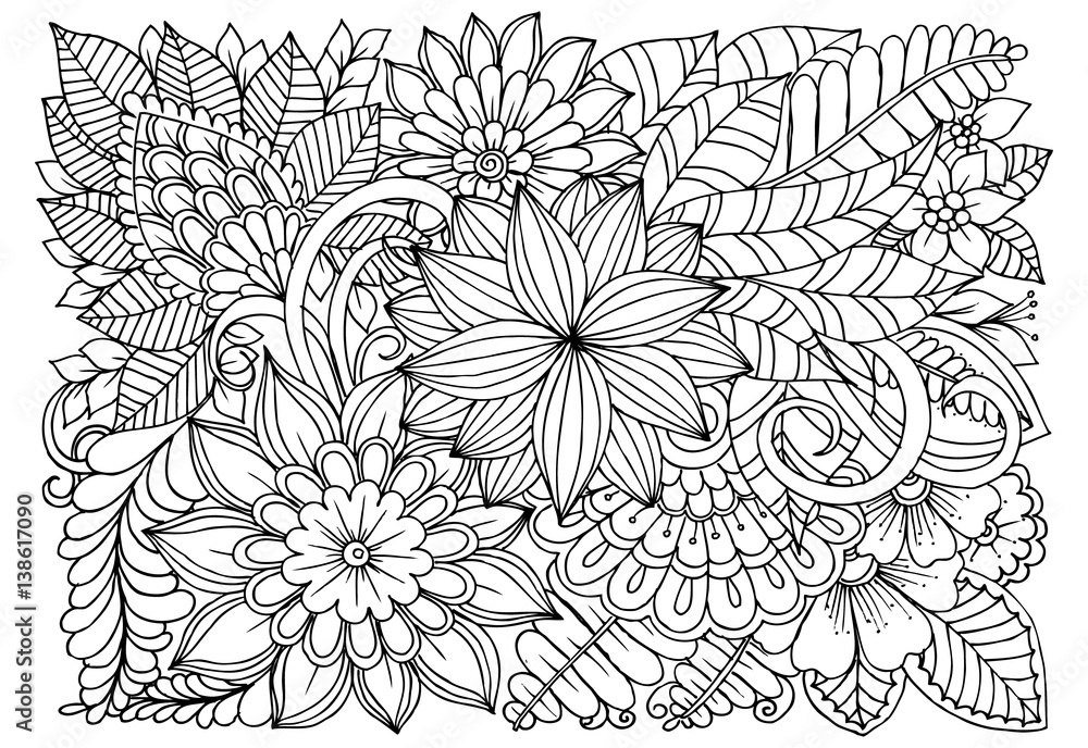 Doodle floral pattern in black and white. Page for coloring book Stock ...