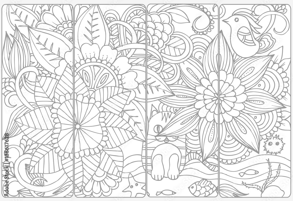 Vector set of monochrome bookmarks and doodle flowers for coloring adult  coloring book. Stock Vector