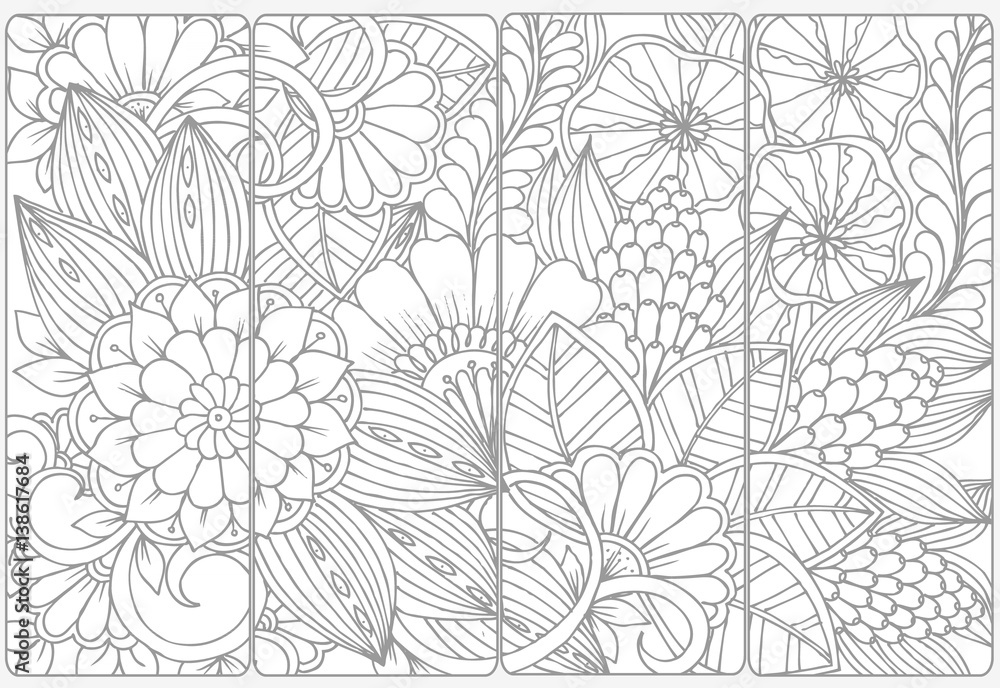 Vector set of monochrome bookmarks and doodle flowers for coloring adult coloring book. Vector set of monochrome bookmarks and doodle flowers for coloring adult coloring book.