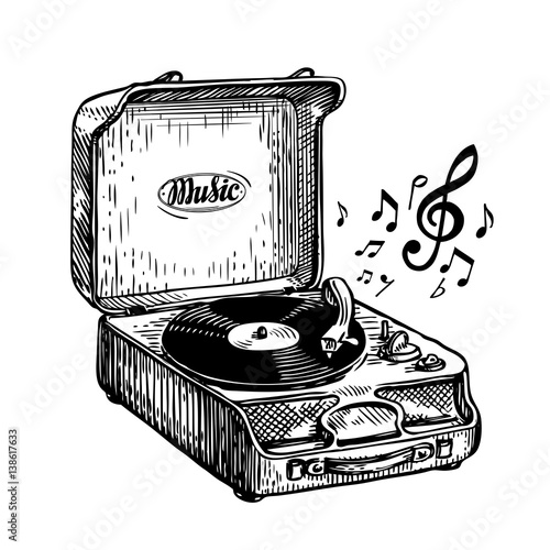 Vintage turntable. Record player vinyl record. Music, song symbol. Hand-drawn sketch vector illustration