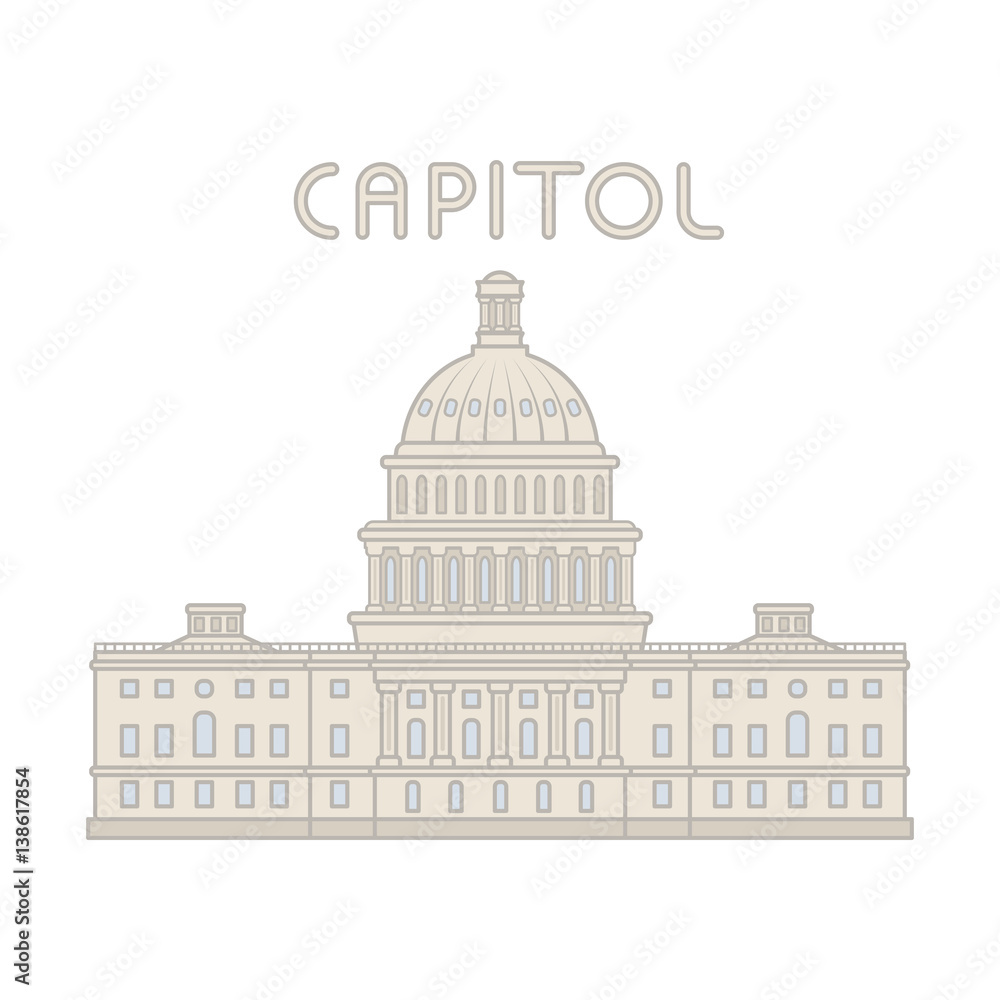 Vector american capitol building line flat cartoon. Washington  background.