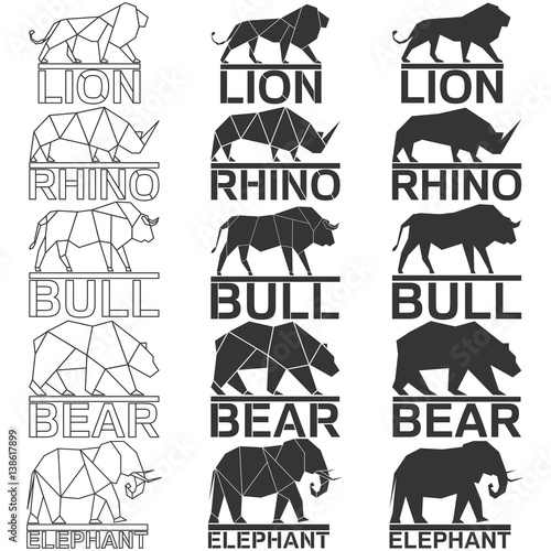 Animal logo set. Lion rhino rhinoceros bull bear elephant geometric lines silhouette isolated on white background vintage vector design element illustration set