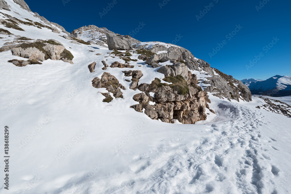 Winter Landscape in Picos de Europa mountains, Cantabria, Spain.