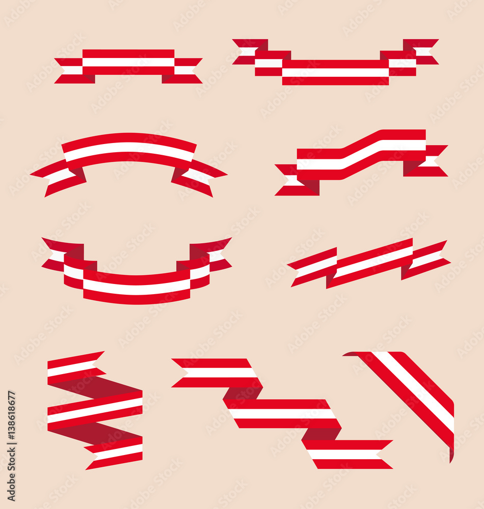 Vector set of skrolled isolated ribbons or banners in colors of Austrian flag.