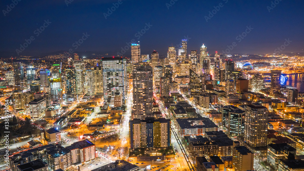 Downtown Seattle skyline at night.