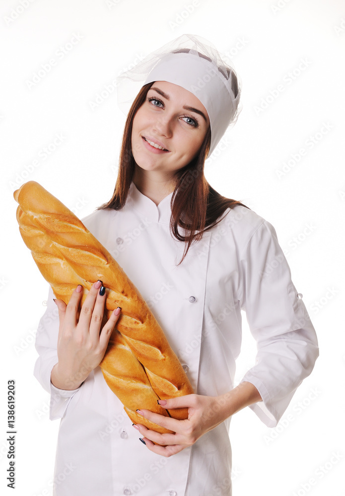 Beautiful sweet young girl baker dealer with a baguette on a white  background. bread shop Stock-Foto | Adobe Stock
