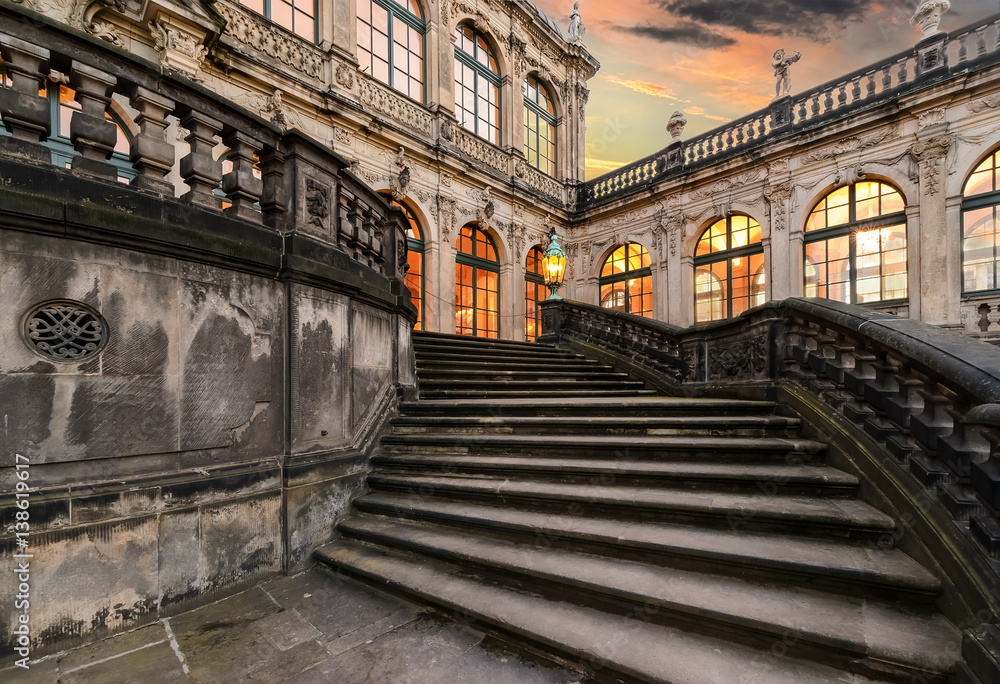 Stairwell in old town of Dresden in the evening. Germany