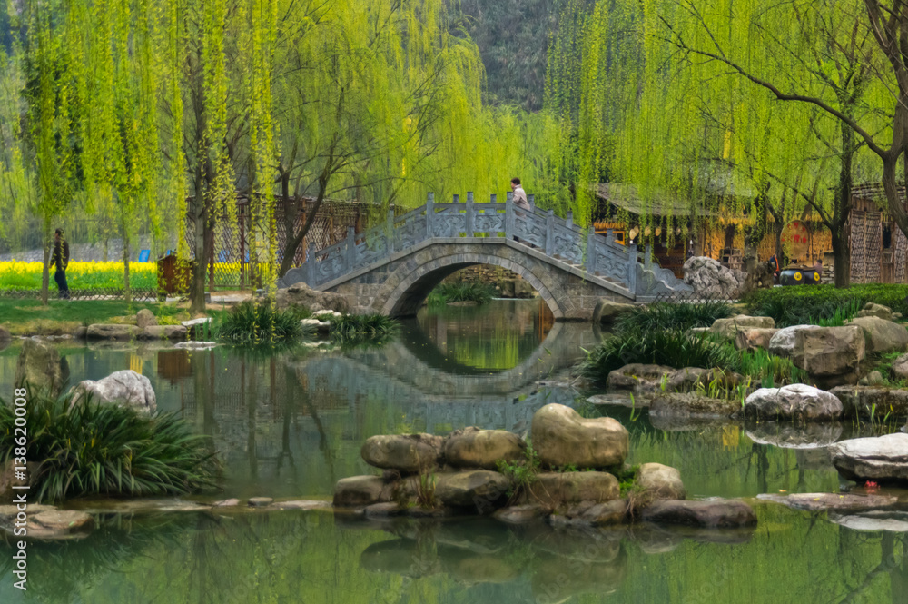 Chinese bridge near the lake during early spring in National Park