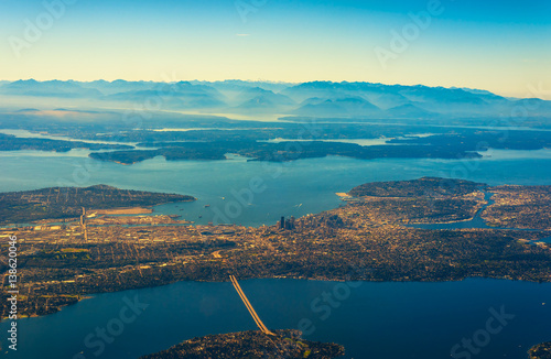 Aerial view of Seattle, Washington, Puget Sound, and the Olympic Mountains