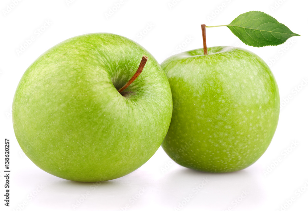Pair of ripe green apple fruits with green apple leaf isolated on white background Pair of ripe green apple fruits with green apple leaf isolated on white background