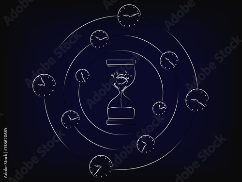 vector hourglass with melting clock surrounded by spinning clocks
