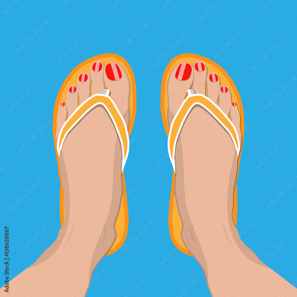 Female feet with red pedicure in summer flip-flops Stock Vector | Adobe