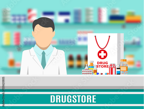 Modern interior pharmacy or drugstore.