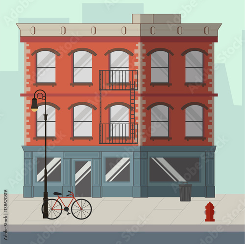 Red apartment building with a shop in the ground floor. Flat vector illustration.