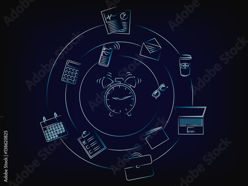 vector alarm surrounded by spinning clocks