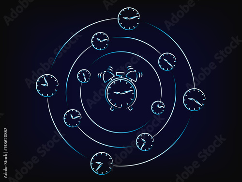 alarm surrounded by spinning clocks vector