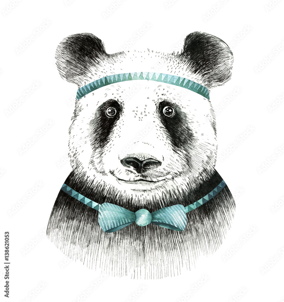 Fototapeta premium Watercolor panda illustration. Bohemian cute animal. Boho style. Nursary art print. Feathers collection