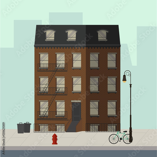 Brown apartment building with stairs to the main door. Flat vector illustration.