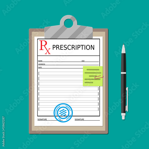 Clipboard with prescription document and pen