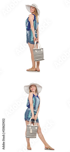 Collage of woman with panama hat isolated on white