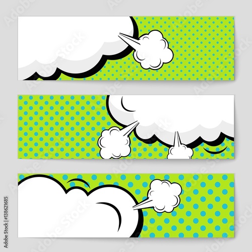 Abstract creative concept vector comic pop art style blank, layout template with clouds beams and isolated dots background. For sale banner, empty speech bubble set, illustration halftone book design.