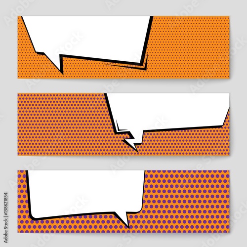 Abstract creative concept vector comic pop art style blank, layout template with clouds beams and isolated dots background. For sale banner, empty speech bubble set, illustration halftone book design.