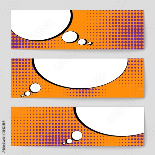 Abstract creative concept vector comic pop art style blank, layout template with clouds beams and isolated dots background. For sale banner, empty speech bubble set, illustration halftone book design.