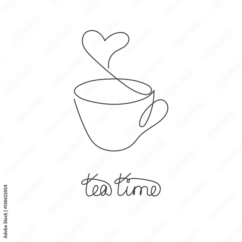 Continuous line cup of hot tea or coffee with steam in form of heart Continuous line cup of hot tea or coffee with steam in form of heart