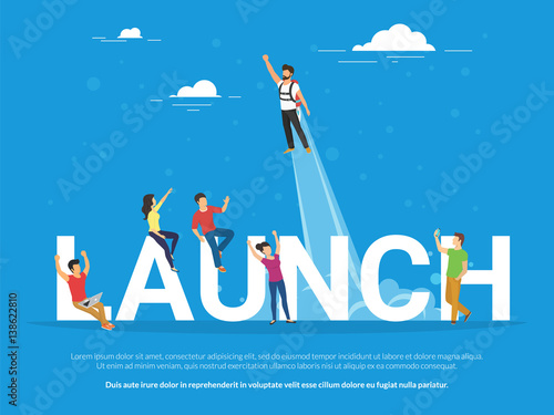 Startup launch illustration of business people working together as team and celebrating success of the startup. Flat people looking at the colleague who got an idea and rises into the sky as a rocket.