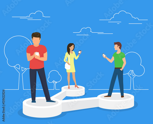Share data concept illustration of young people using mobile smartphone for sharing posts in social networks. Flat people standing on 3d symbol and reposting images and news to each other