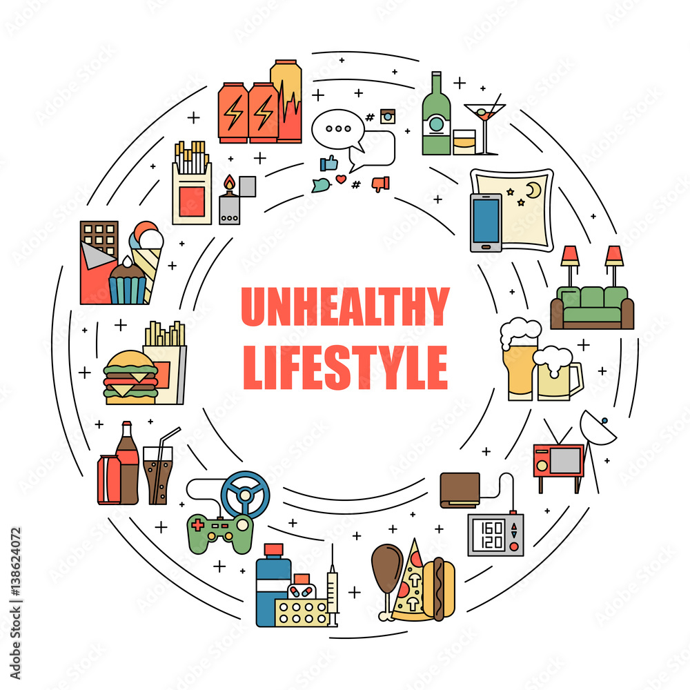 Unealthy lifestyle habits colorful line vector icons isolated. Fast junk food, bag habits, waste of time. Obesity and bad health circle illustration.