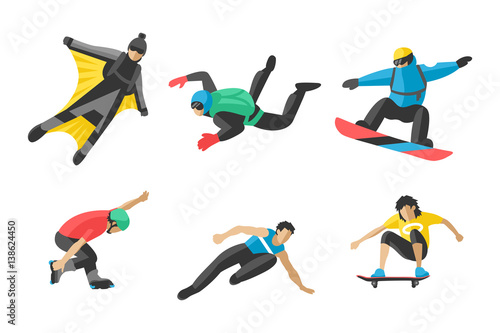 Vector snowboard jumping extreme athletes silhouettes illustration life skateboard set speed skydiver skateboarder skate wakeboard surfing flyboard