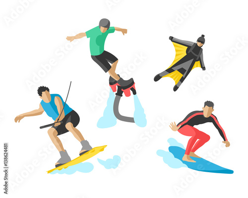 Vector drawing jumping extremesilhouettes illustration life skateboard set speed skydiver skateboarder roller skate wakeboard surfing flyboard