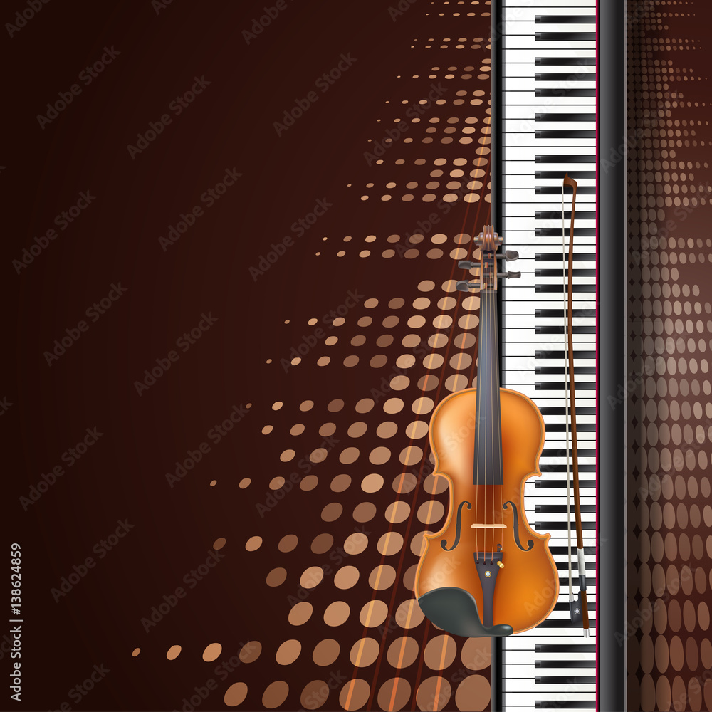 Realistic vector violin and piano keyboard, graphic equalizer brown