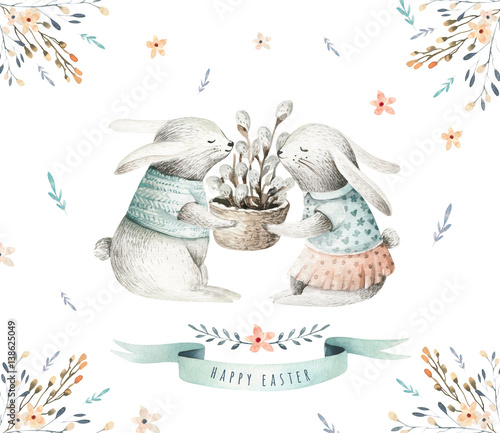 Canvas Print Hand drawing easter watercolor cartoon bunnies with leaves, branches and feathers