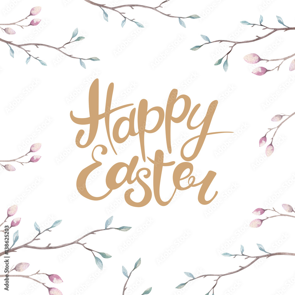 Hand drawing happy easter watercolor with leaves, branches and feathers. indigo Watercolour art illustration in vintage boho style. Hand drawing happy easter watercolor with leaves, branches and feathers. indigo Watercolour art illustration in vintage boho style.