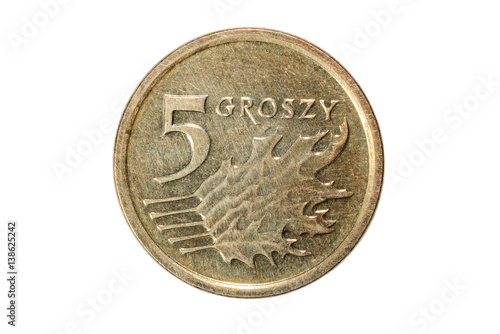 Five groszy. Polish zloty. The Currency Of Poland. Macro photo of a coin. Poland depicts a Five-Polish groszy coin. Isolated on white background.
