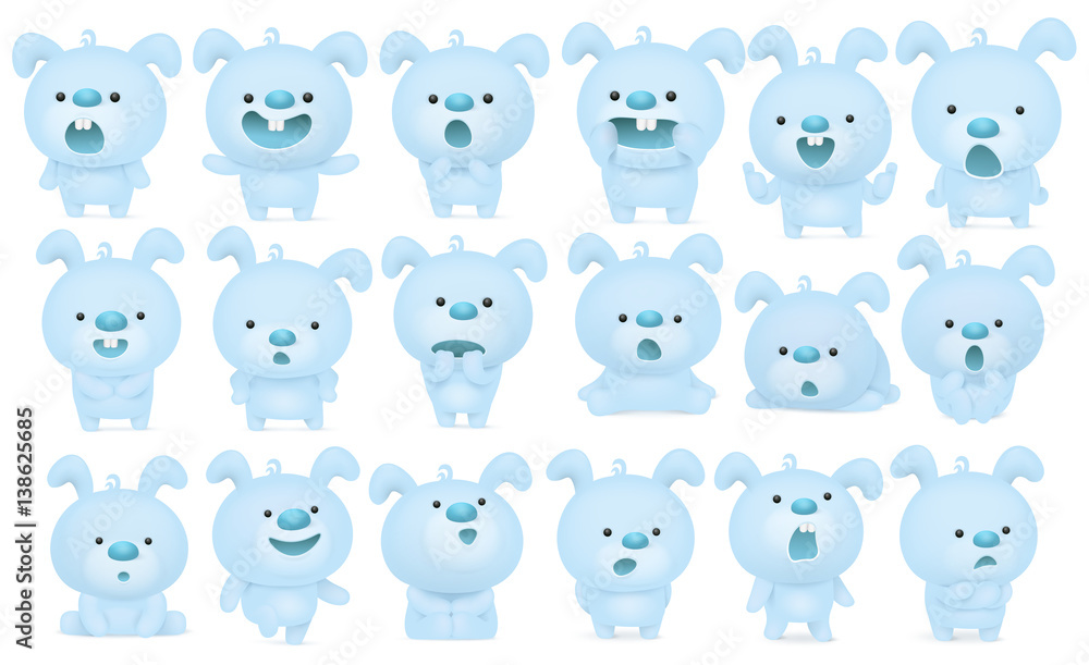 Set of blue emoji bunny characters isolated over white background
