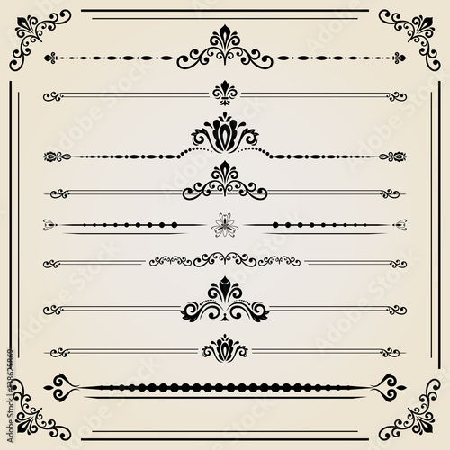 Vintage set of vector decorative elements. Horizontal separators in the frame. Collection of different ornaments. Classic patterns. Set of vintage patterns