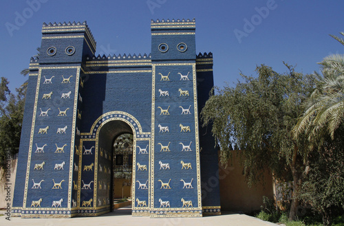 The main entrance to ruins of the ancient Babylon is build in shape of the Ishtar gate which was situated in the ancient city. It is about third of the size of the original Ishtar gate. photo
