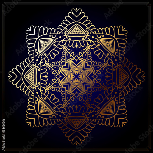 Mandala gold color in the Indian, the Islamic Turkish stie on a blue background.