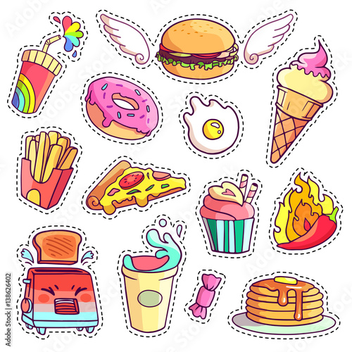 Trendy cool set of fast food patch badges in pop art style. Vector collection of stickers and pins with meal.
