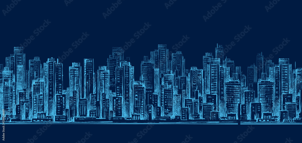 City skyline panorama at night, hand drawn cityscape, drawing architecture illustration