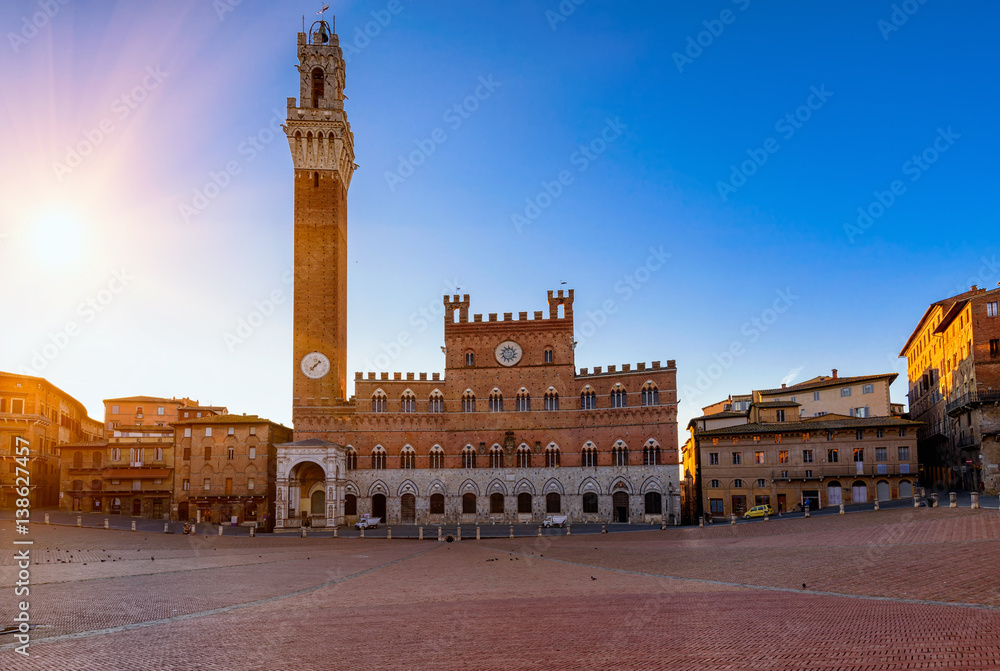 Campo Square (Piazza del Campo), Palazzo Pubblico and Mangia Tower (Torre del Mangia) in Siena, Tuscany, Italy